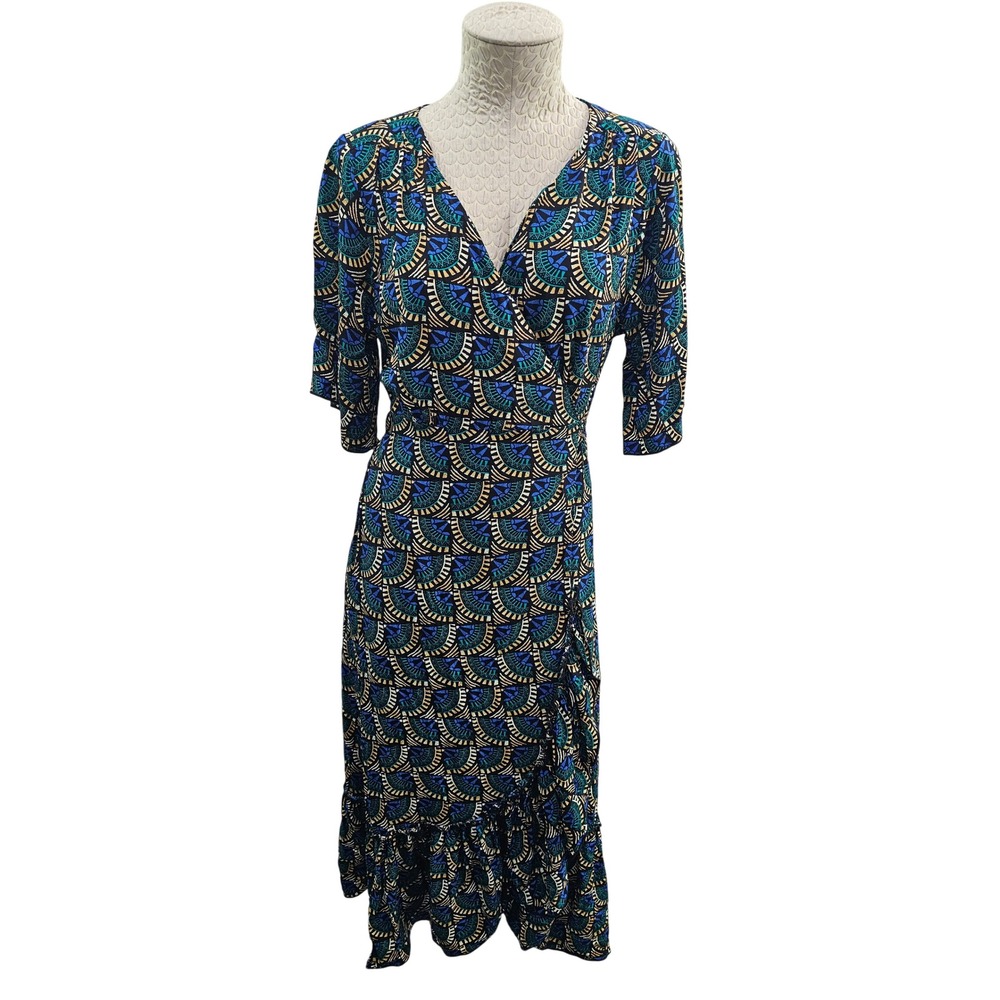 Silk and Salt Wrap Midi Dress Womens Small Blue Green Geometric Ruffle Viscose